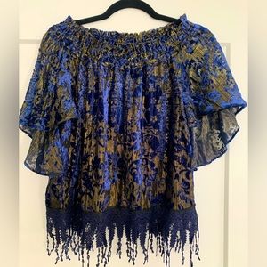 Off shoulders Eli Tahari blue velvet, gold embroidery & black tassels blouse.